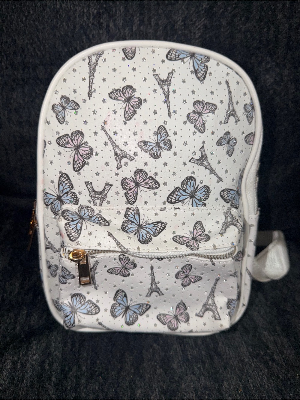 White Butterfly Print Mini Backpack with Gold Trim